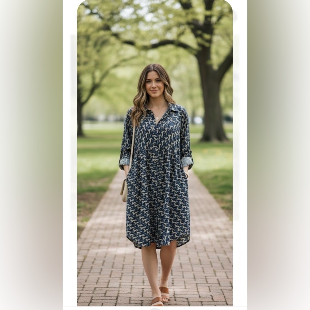 Billy Reid.Navy and Beige Patterned Shirt Dress
